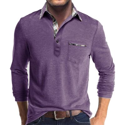 Mens Long Sleeve Polo Shirts Flip Collar Golf Tops Button V Neck Solid Color T Shirts Casual Cotton Tees with Pocket