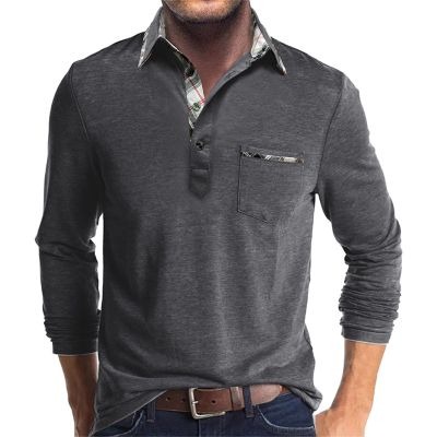 Mens Long Sleeve Polo Shirts Flip Collar Golf Tops Button V Neck Solid Color T Shirts Casual Cotton Tees with Pocket