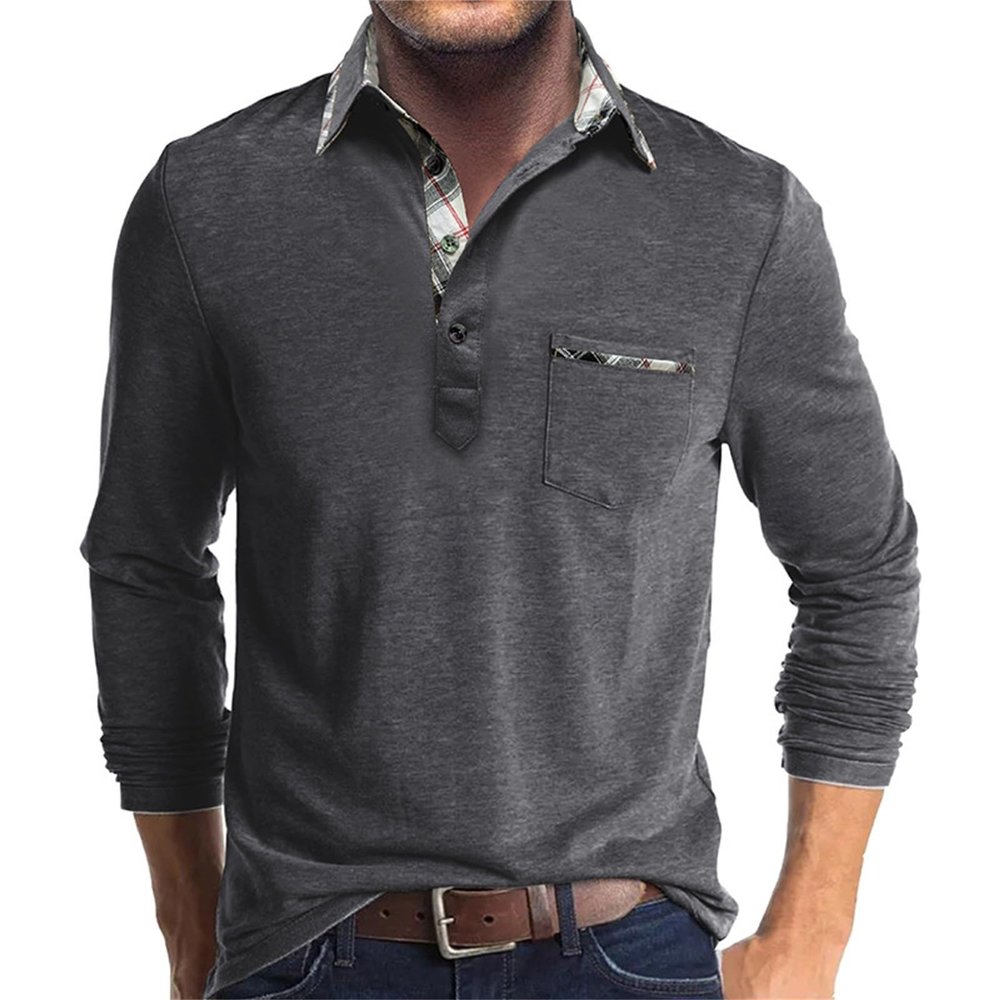 Mens Long Sleeve Polo Shirts Flip Collar Golf Tops Button V Neck Solid Color T Shirts Casual Cotton Tees with Pocket