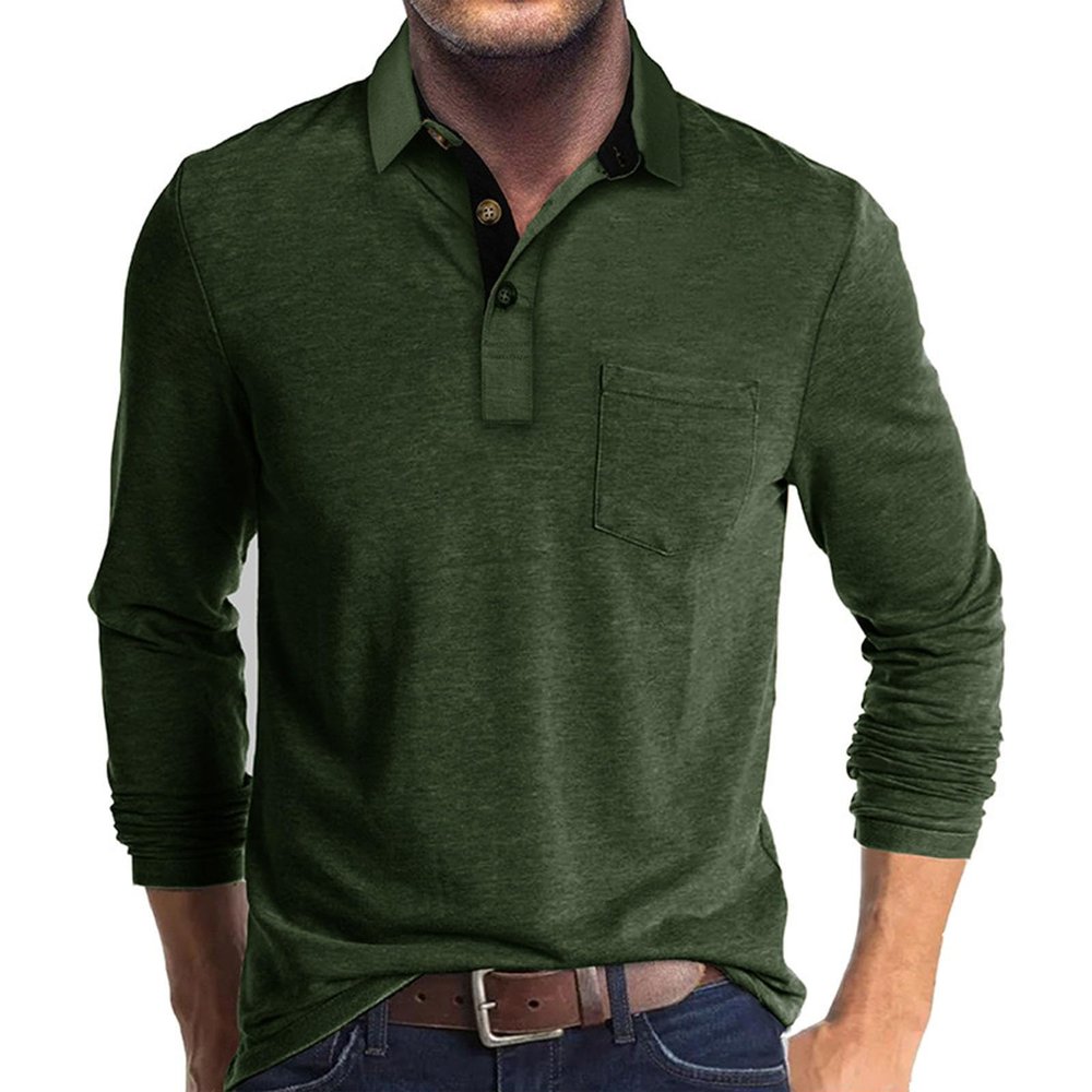 Mens Long Sleeve Polo Shirts Flip Collar Golf Tops Button V Neck Solid Color T Shirts Casual Cotton Tees with Pocket Green-a
