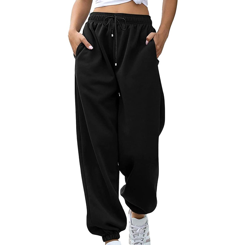 yaoeye Womens Sweatpants 2025 High Waisted Baggy Sweatpants Joggers Sport Active Workout Jogger Pants with Pockets E-Black