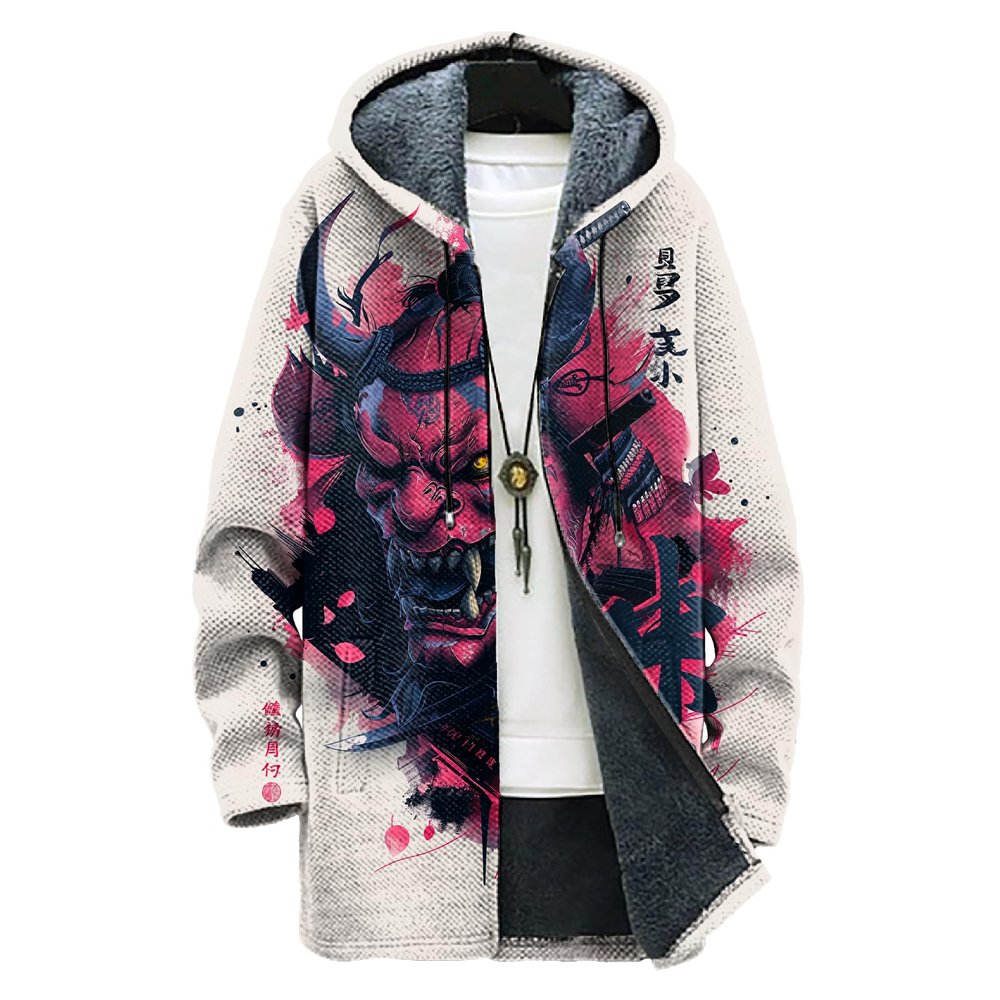 domirica Japanese Oni Mask Print Hooded Cardigan Men Long Sleeve Fleece Lined Oversized Zipper Open Front Mens Hooded Cardigan Long Sleeve Fall Fashion Drawstring Warm Cardigan With Hood,4XL