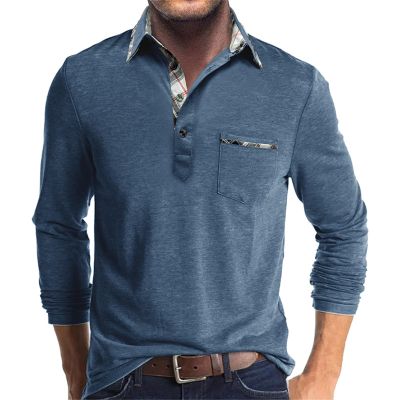Mens Long Sleeve Polo Shirts Flip Collar Golf Tops Button V Neck Solid Color T Shirts Casual Cotton Tees with Pocket Blue-b