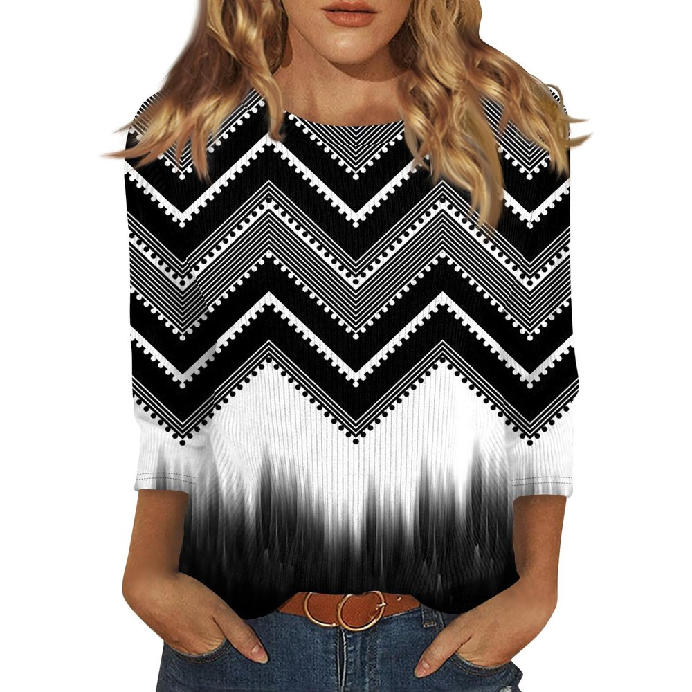 3/4 Length Sleeve Womens Tops Fall Knit Printed Crew Neck T Shirts Loose Fit Geometric Casual Elegant Plus Size Blouses Lightweight Classic Tunic Tops with Leggings Winter Clothes 2025, Gray, Medium