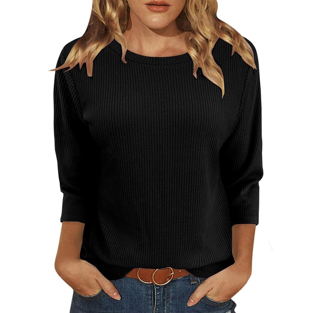 3/4 Length Sleeve Womens Tops Crew Neck Knit Ribbed Cute Fall Shirts Dressy Workout Solid Three Quarter Blouses Vacation Holiday Tunics or Tops to Wear with Leggings Winter Clothes 2025, Black, Small