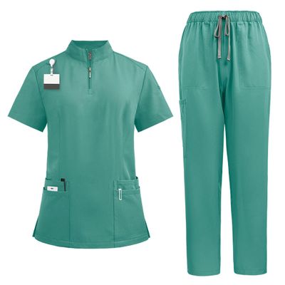 Dressnu Straight pants suit stand-up collar zipper doctors and nurses work uniforms Green S
