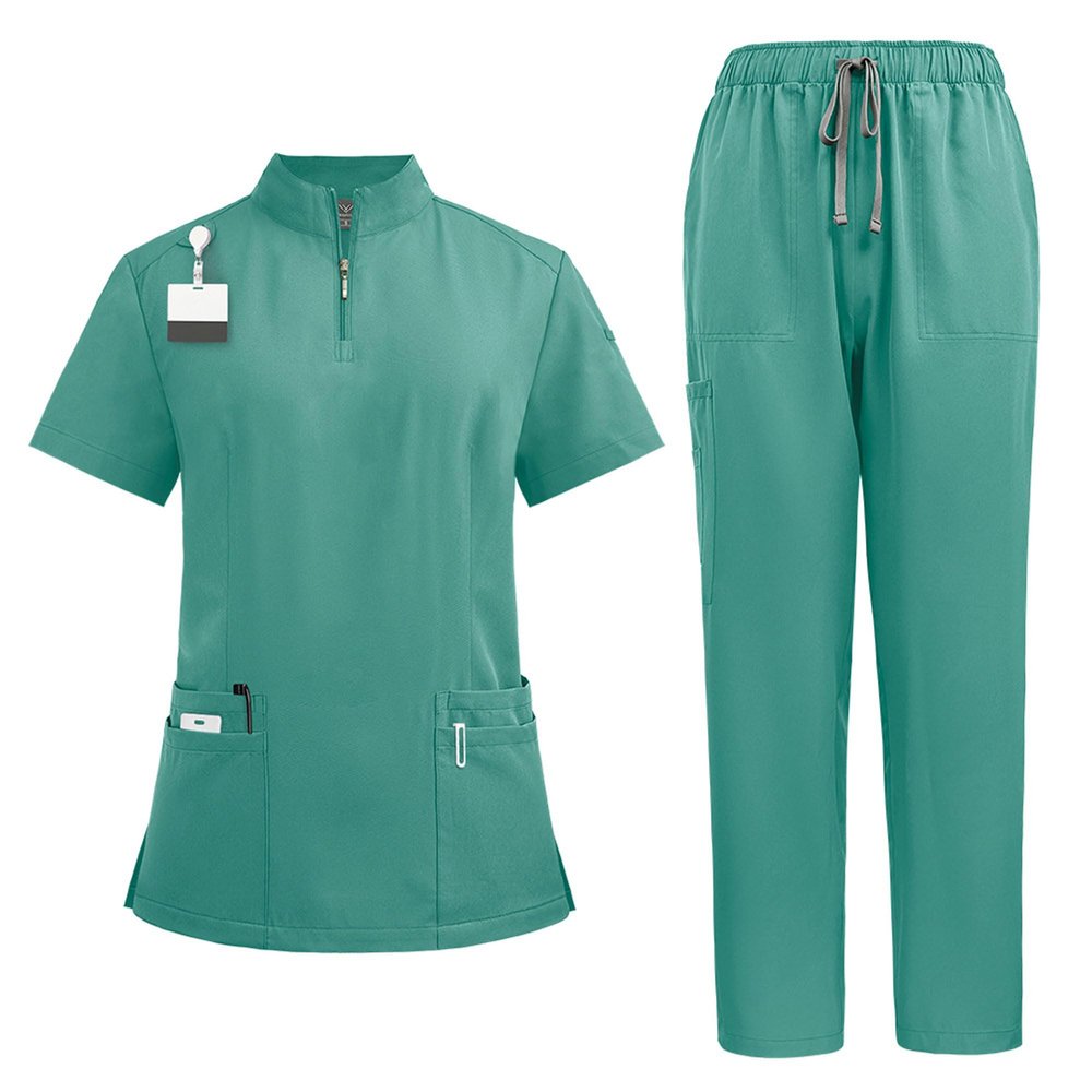 Dressnu Straight pants suit stand-up collar zipper doctors and nurses work uniforms Green S