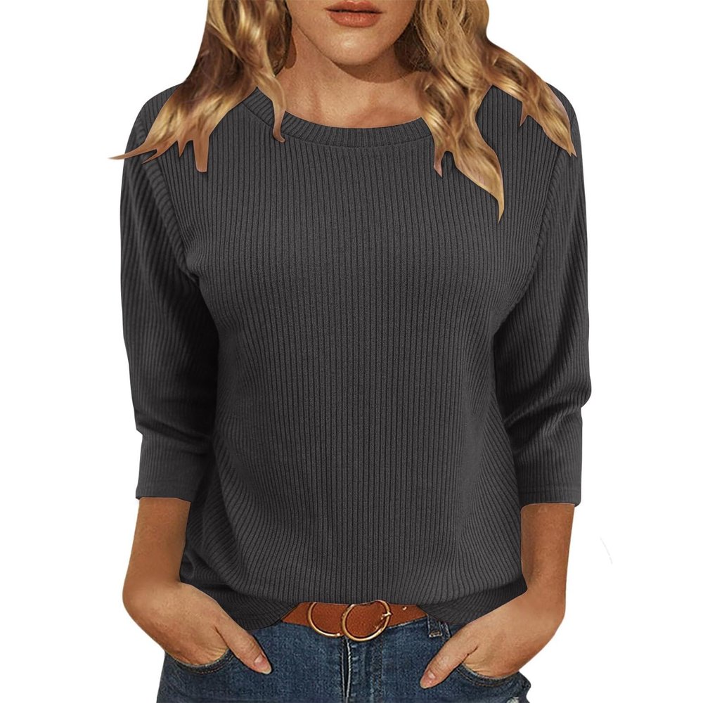 3/4 Sleeve Tops for Women Fall Knit Crew Neck T Shirts Loose Fit Dressy Workout Solid Three Quarter Blouses Plus Size Tunic Tops to Wear with Leggings Winter Outfits 2025, Dark Gray, XX-Large
