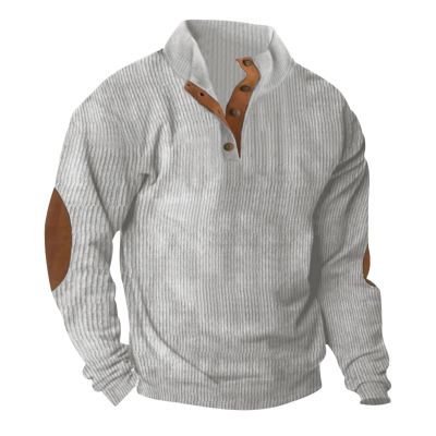 Mens Corduroy Sweatshirt Outdoor Casual Stand Collar Long Sleeve Shirt Quarter Button Pullover Thermal Henley Tops