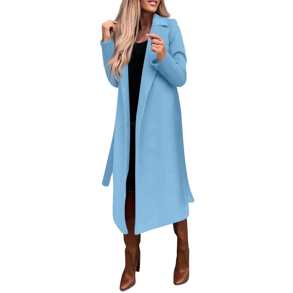 Long Jackets For Women Womens Wool Blend Trench Coats Long Overcoat Elegant Lapel Collared Belted Warm Thicken Pea Coats Plain Wrap Jackets Outerwear Light Blue 2X