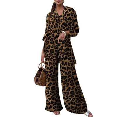 2 Piece Sets for Women Fuzzy Fleece Outfit Leopard Print Long Sleeve Shirt Baggy Wide Leg Flare Pants Sets Streetwear