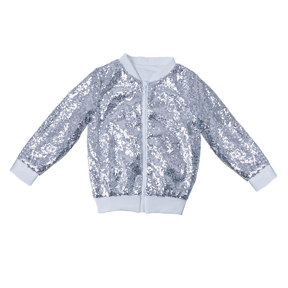 Betadog Sequin Jacket for Girls Kids Toddler Zipper Bomber Jacket Zipper Coat Outwear with Pockets (Silver, 4 Years)