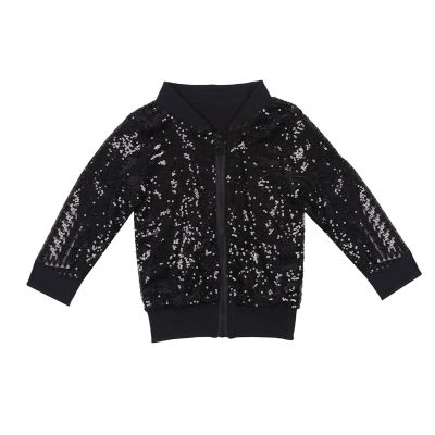 Betadog Girls Sequin Bomber Jacket with Pockets Zipper Long Sleeve Lightweight Jackets for Kid Girls (Black, 5 Years)
