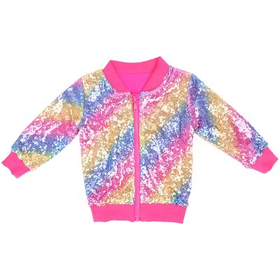 Betadog Girls' Sequin Bomber Jacket with Pockets Lightweight Long Sleeve Zipper Gradient Jackets for Kid (A, 6 Years)