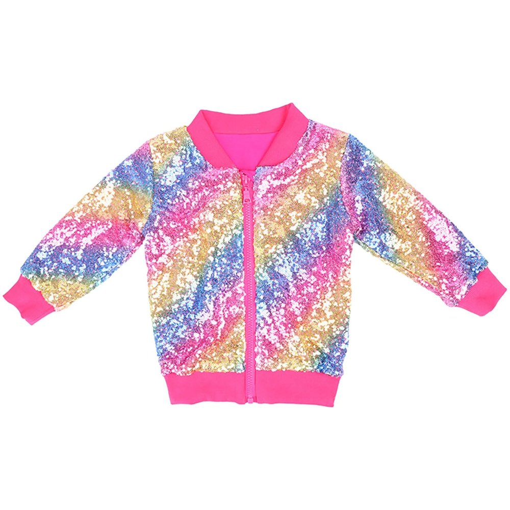 Betadog Girls' Sequin Bomber Jacket with Pockets Lightweight Long Sleeve Zipper Gradient Jackets for Kid (A, 6 Years)