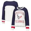 47 Women's Cream Houston Texans Double Header Curve Raglan Long Sleeve Crop Top view 1