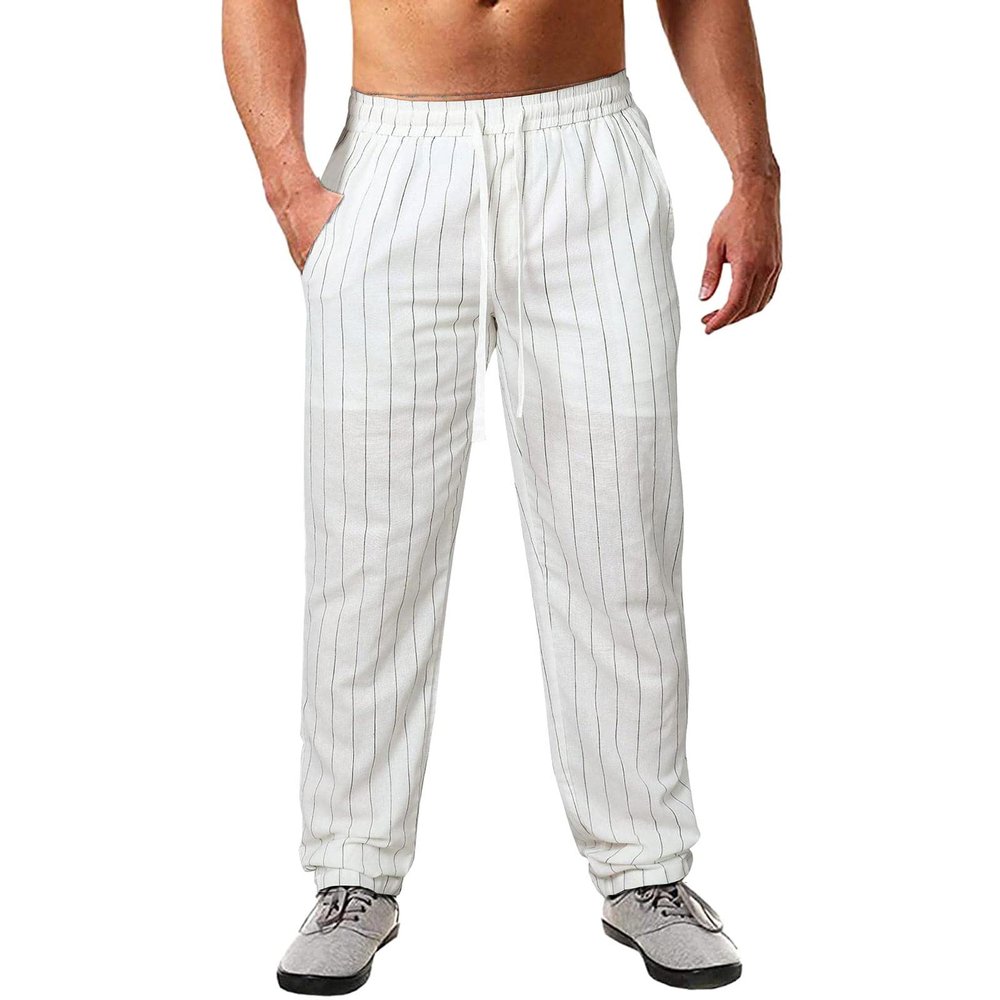 LCMTWX Sweatpants for Men Baggy, Men Sweatpants Summer Pinstripe Cotton and Casual Sports Pants Athletic Loose Fit (White, L)