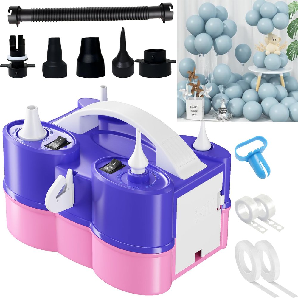 3-in-1 Electric Balloon Pump with Dusty Blue Balloon, 3-in-1 Electric Balloon Pump, Portable Electric Air Pump for All Balloons Inflatables Dual Nozzle Balloon Blower Machine