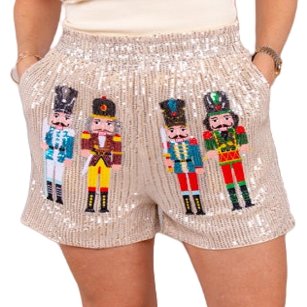 Seyumixi Women Sequin Sparkly Shorts Elastic Waist Nutcracker Shorts Christmas Costume Party Glitter Sexy Short Pants (Cute Silver, S)