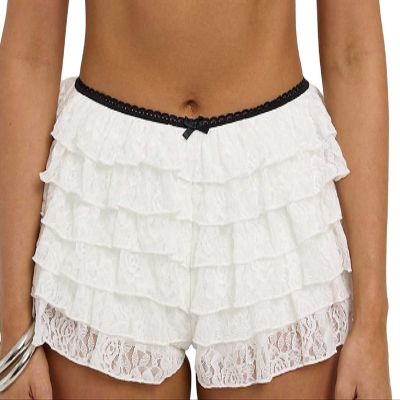 Faretumiya Women Mesh Lace Bloomer Shorts Y2k Layered Ruffle Frilly Booty Shorts Fairy Bow Sexy Boy Shorts Panties(Micro White,Small)