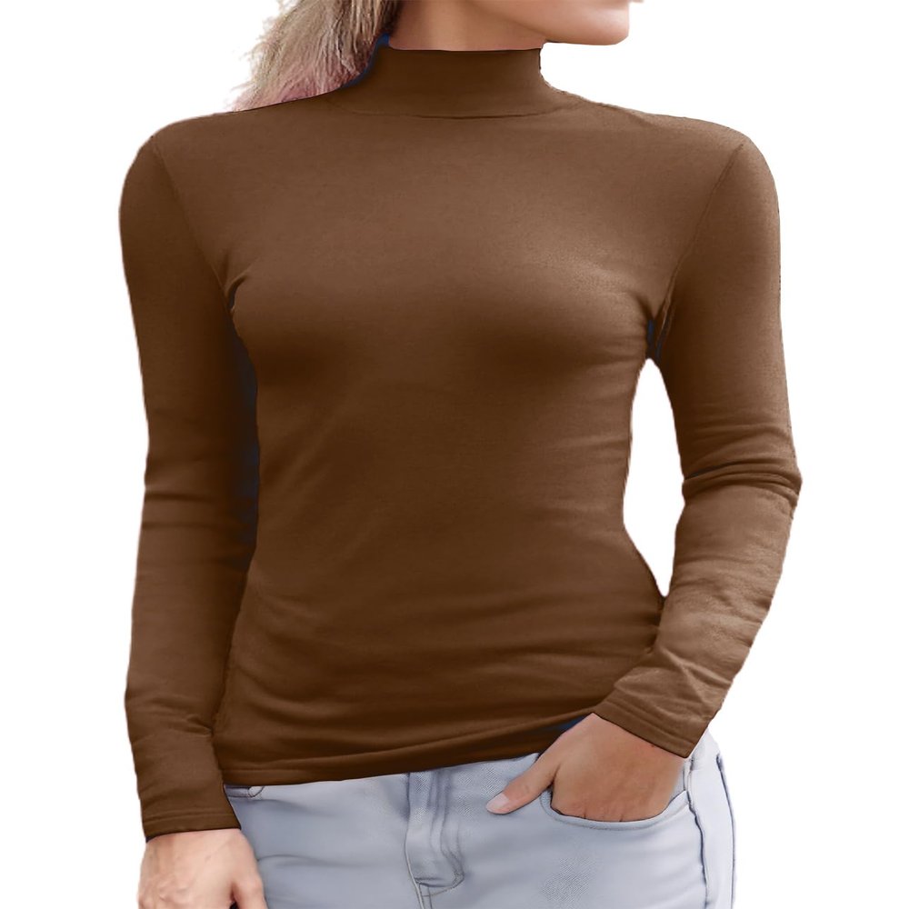 Abardsion Women's Long Sleeve Mock Turtleneck Shirts 2025 Fleece Lined Base Layer Slim Fit Thermal Underwear Tops (Light Brown, M)