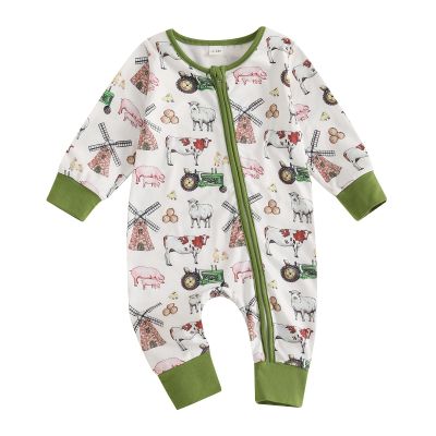 Covvoliy Newborn Baby Boy Girl Clothes Western Cow Print Long Sleeve Romper Jumpsuit One Piece Fall Winter Outfit (Green Farm Print, 0-3 Months)