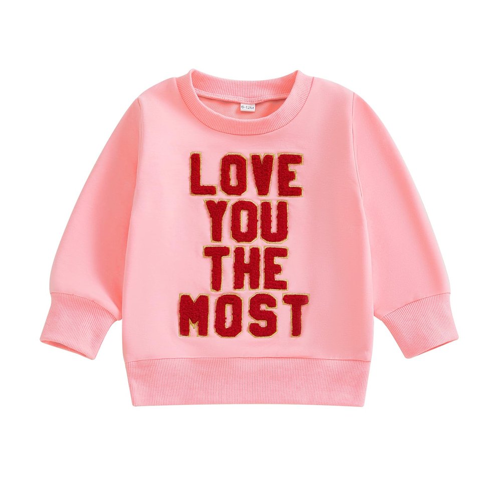 Bonangber Baby Girl Valentines Day Outfit Love Crewneck Sweatshirt Letter Long Sleeve Shirt Pullover Tops Valentines Day Clothes (V-Pink Love You The Most,6-12 Months)