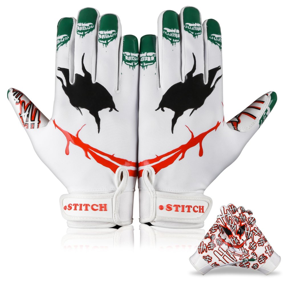 Dot Stitch Jester face Football Gloves Silicone Grip Youth Football Receiver Gloves Joker Receiver Glove Kids Receiving Glove for Youth Kids Men Adult & Unisex