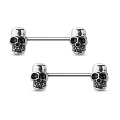 Satix 2PCS Surgical Steel 14G Nipple Bar Shield Black Eye Head Skull Nipple Rings Barbell Punk Halloween Piercing Jewelry 16mm 5/8 Inch