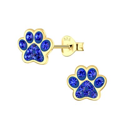 14k Yelow Gold P lated on 925 Sterling Silver with Crystal Paw Print Stud Earrings 5485 (Nickel Free) (Blue Sapphire)