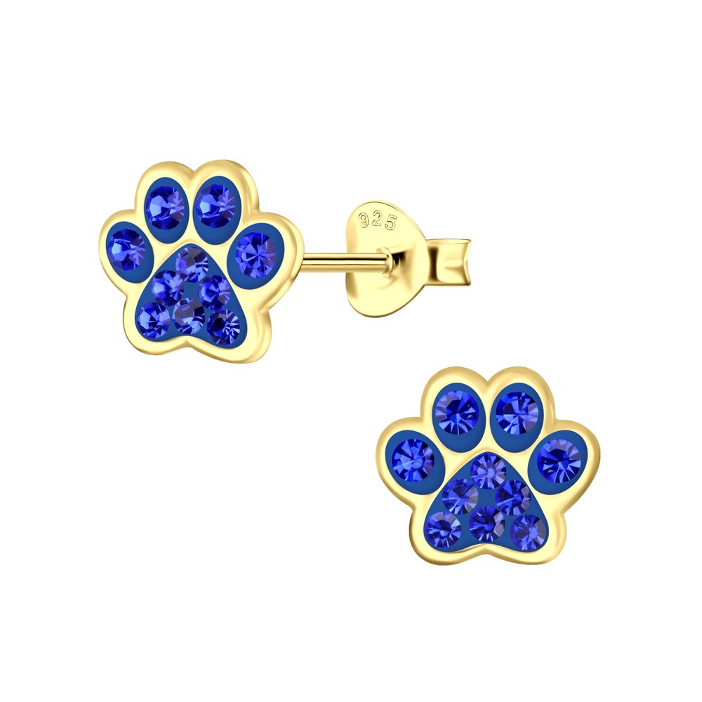 14k Yelow Gold P lated on 925 Sterling Silver with Crystal Paw Print Stud Earrings 5485 (Nickel Free) (Blue Sapphire)