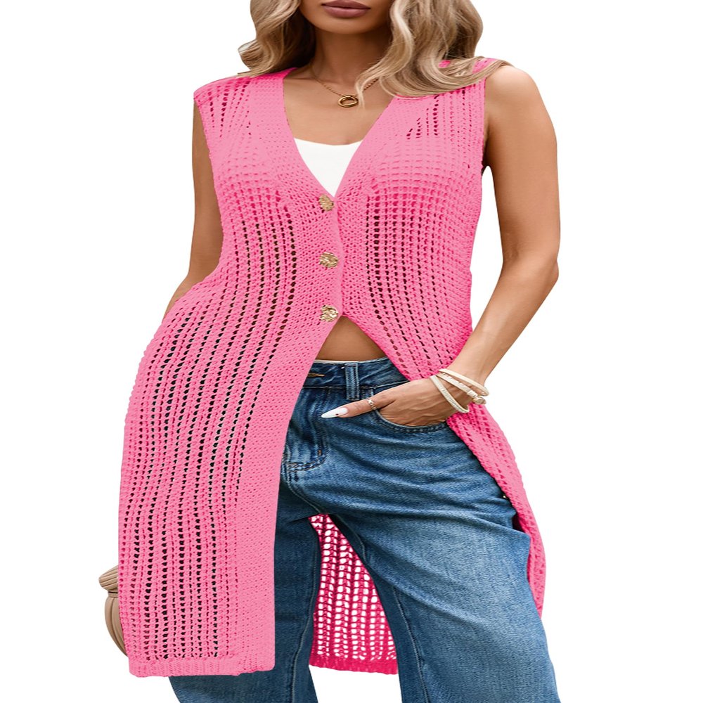 Cakulo Womens Sleeveless Spring Summer Crochet Cardigans Beach Cover Up Boho Long Sweater Vest Tops 2026 Pink S