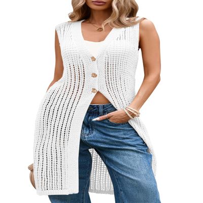 Cakulo Womens Sleeveless Spring Summer Crochet Cardigans Beach Cover Up Boho Long Sweater Vest Tops 2026 White S
