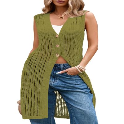 Cakulo Womens Sleeveless Spring Summer Crochet Cardigans Beach Cover Up Boho Long Sweater Vest Tops 2026 Green XL