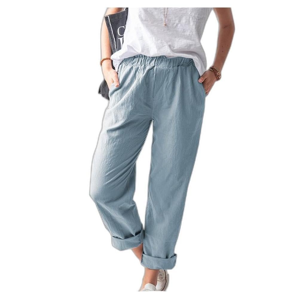Lightweight Pants for Women, Elastic Waist Pull On Straight Leg Slacks, Casual Trousers with Pockets Baggy Athletic Joggers Blue