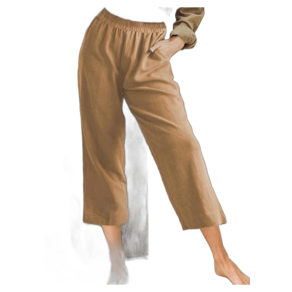 Women's Summer High Waisted Capri Pants, Casual Sport Activewear Capris Sweatpants, Solid Color Loose Fit Linen Pants