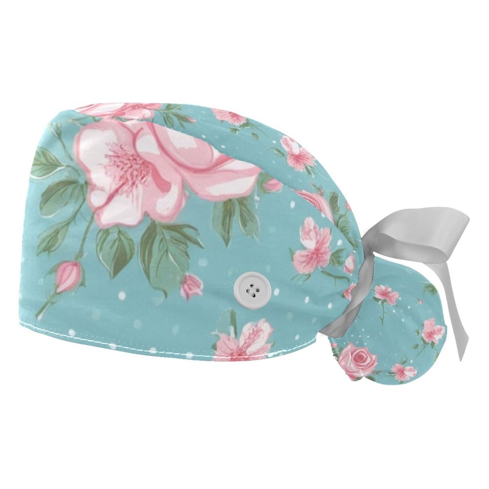 2 Pieces Scrub Caps Women Chef Cap Cute Scrub Caps Women for Beauty Salon Roses Wallpaper