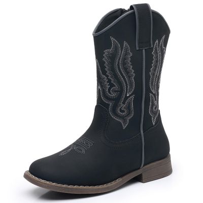 Ahannie Kids Cowboy Boots Boys Girls Square Toe Mid-Calf Cowgirl Western Boots with Side Zipper (Toddler/Little Kid/Big Kid)(Black-5)