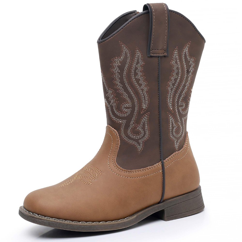 Ahannie Kids Cowboy Boots Boys Girls Square Toe Mid-Calf Cowgirl Western Boots with Side Zipper (Toddler/Little Kid/Big Kid)(Brown/Tan-3)
