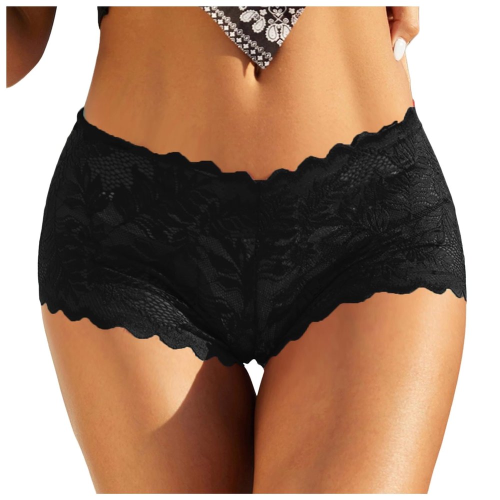 Women's Seamless Boy Short Panties Lace High Waisted Stretch Briefs Breathable Cheeky Underwear Lady Bikini Hipsters Black