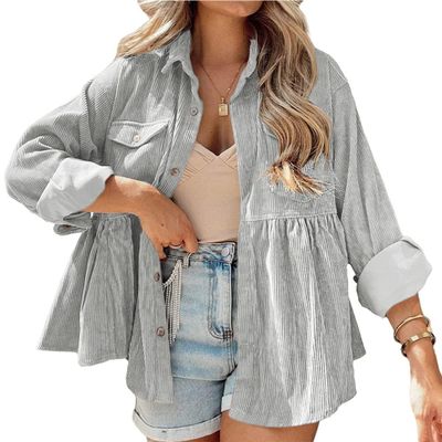 JINZHAO Womens Corduroy Peplum Top Shirts Shackets Long Sleeve Button Down Jacket with Pocket Grey