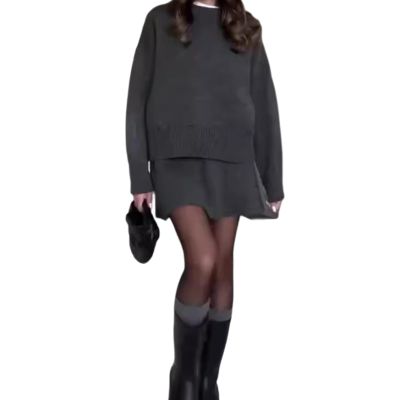 2024 Autumn New Solid Color Casual College Style Knit Dress Set 2-Piece Sweater Set Long-Sleeve Top & Mini Skirt (Dark Gray,L)