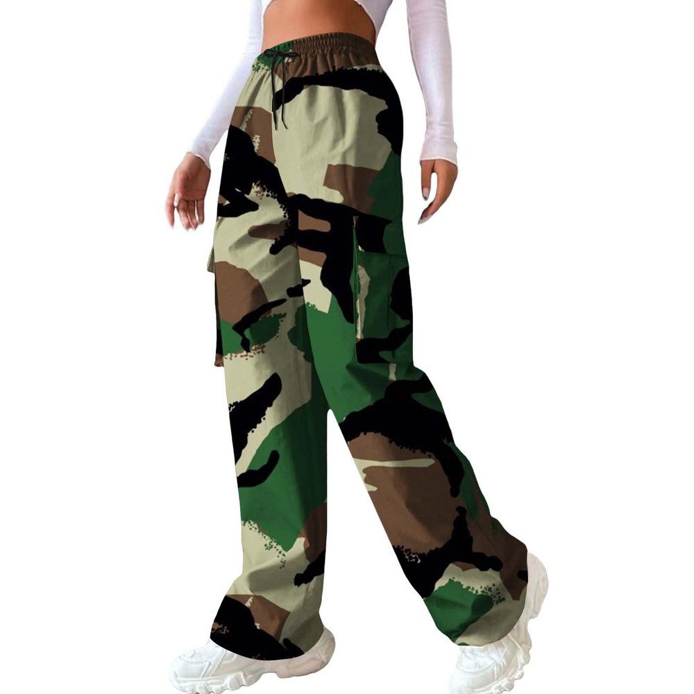 fartey Camo Cargo Pants for Women Casual Drawstring High Waist Parachute Pants Baggy Wide Leg Hiking Pants with Pockets