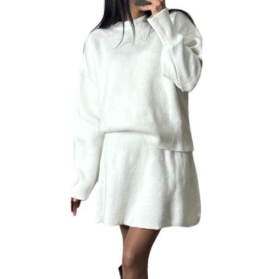2024 Autumn New Solid Color Casual College Style Knit Dress Set 2-Piece Sweater Set Long-Sleeve Top & Mini Skirt (White,2XL)