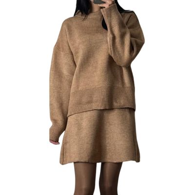 2024 Autumn New Solid Color Casual College Style Knit Dress Set 2-Piece Sweater Set Long-Sleeve Top & Mini Skirt (Camel,XS)