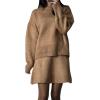 2024 Autumn New Solid Color Casual College Style Knit Dress Set 2-Piece Sweater Set Long-Sleeve Top & Mini Skirt (Camel,M)