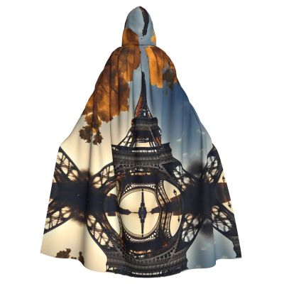 KOUUIP Beautiful Eiffel Tower Paris Print Adults Hooded Cloak With Halloween Christmas Witch Cape Robe Costume Party Supplies Cope 