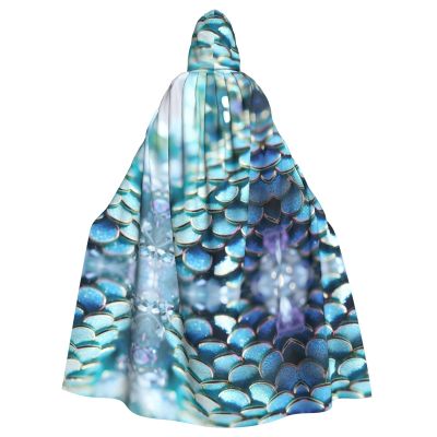 KOUUIP Mermaid Scale Print Adults Hooded Cloak With Halloween Christmas Witch Cape Robe Costume Party Supplies Cope 