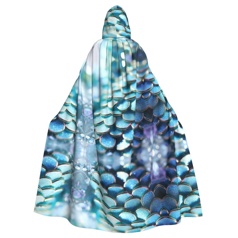 KOUUIP Mermaid Scale Print Adults Hooded Cloak With Halloween Christmas Witch Cape Robe Costume Party Supplies Cope 
