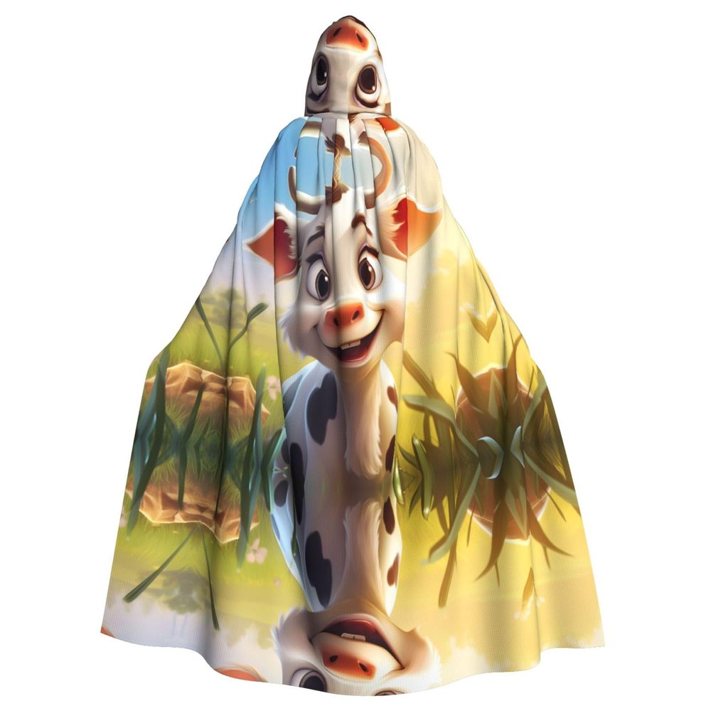 KOUUIP cartoon cute cow Print Adults Hooded Cloak With Halloween Christmas Witch Cape Robe Costume Party Supplies Cope